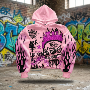 <b>Pink</b> Purple Flame Skull Hooded Breathable Casual Lightweight Loose Fit Cropped Pullover Streetwear Graphic <b>Hoodie</b> Unisex Adult - Product Image 4