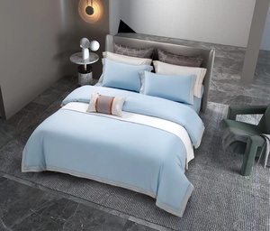 Parures de lit 100 % coton, tailles <span class=keywords><strong>Queen</strong></span> et King, bleu uni avec motif imprimé, style simple, drap plat - Product Image 3