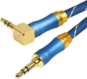 3.5毫米1/4英寸蓝色直角90度弯曲电缆HIFI 3.5毫米音频电缆立体声辅助公插孔至插孔外径5.0毫米