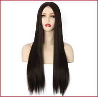 Perruque synthétique Lace Front 32 pouces, longue et droite, avec raie au milieu, noir naturel, dentelle transparente, pré-épilée, sans colle, pour femmes