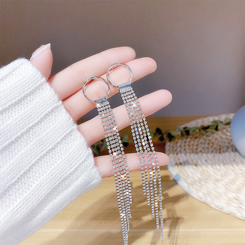 Elegant fashion style inlaid zircon earrings Korean temperament Geometric long tassel earrings female earrings