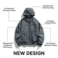 Veste technique à capuche pour homme, 100% polyester, gris foncé, style techwear Gorpcore, poches verticales doubles avec fermeture éclair, imperméable, personnalisable OEM
