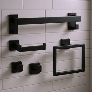 Ensemble de quincaillerie de salle de bain en acier inoxydable noir mat de 16 pouces, 5 pièces, barre porte-serviettes murale, crochets rectangulaires contemporains - Product Image 2