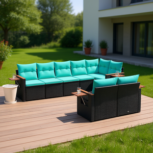 Ensemble de canapés de patio en polyrotin noir, 8 pièces avec coussins, mobilier d'extérieur contemporain - Product Image 2