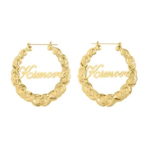 Hot Sale Fashion Jewelry Personalized Bamboo Nameplate Earrings Custom Name Hoop Earring For Women's Gifts