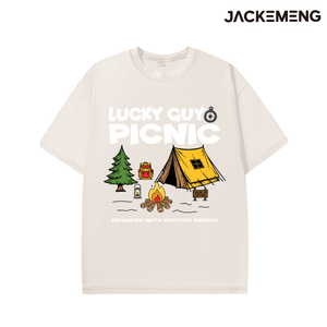 Camiseta Oversize Retro de Estilo Preppy Casual Streetwear con Estampado de Dibujos Animados de Brújula y Pino, Ideal para Camping y Actividades al Aire Libre, Colección LUCKY GUY PICNIC, Edición Local USA - Product Image 5