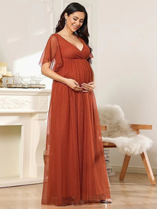 Vestidos de Noche de Maternidad con Cuello en V, Manga Corta, Tul Transparente, Largos hasta el Suelo, Vestidos Formales de Fiesta para Mujeres Embarazadas, Estilo Europeo Americano - Product Image 1