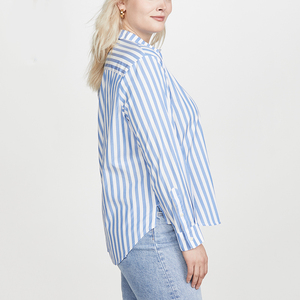 Nouvelle chemise rayée verticale en coton 100% bleu pour femmes grandes tailles, boutonnée - Product Image 4