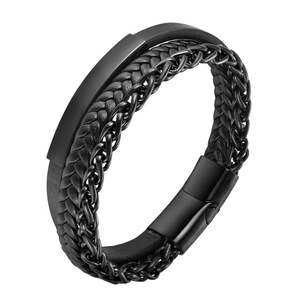 Multi-Layer Braided <b>Leather</b> Bar <b>Bracelet</b> with Non-Fading 316L Stainless Steel PVD Gun Black Wheat Chain & Magnetic Clasp for Men - Product Image 1