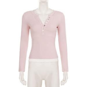 Korean pure desire crewneck button lace spliced faux layered contrast color slim casual T <b>shirt</b> - Product Image 6