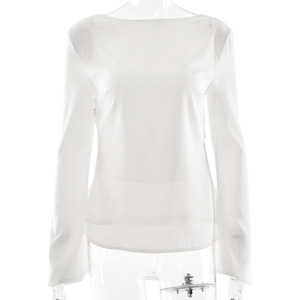 European And American Style Solid Color <b>Satin</b> Backless Slim Fit Top Bell Sleeve Women's <b>Blouse</b> Party Wear - Product Image 5