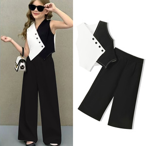 Nuovo Completo da Ragazza con Gilet a Contrasto di Colore, Top con Scollo a V, <span class=keywords><strong>Pantaloni</strong></span> a Gamba Larga in Bianco e Nero - Product Image 2