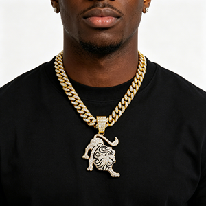 Pendentif Lion Rugissant Sertie de Pierres avec Charme Crinière en Émail Noir, Collier Chaîne Cubaine Plaqué Or, Bijou Hip Hop Streetwear Sauvage, Cadeau - Product Image 1