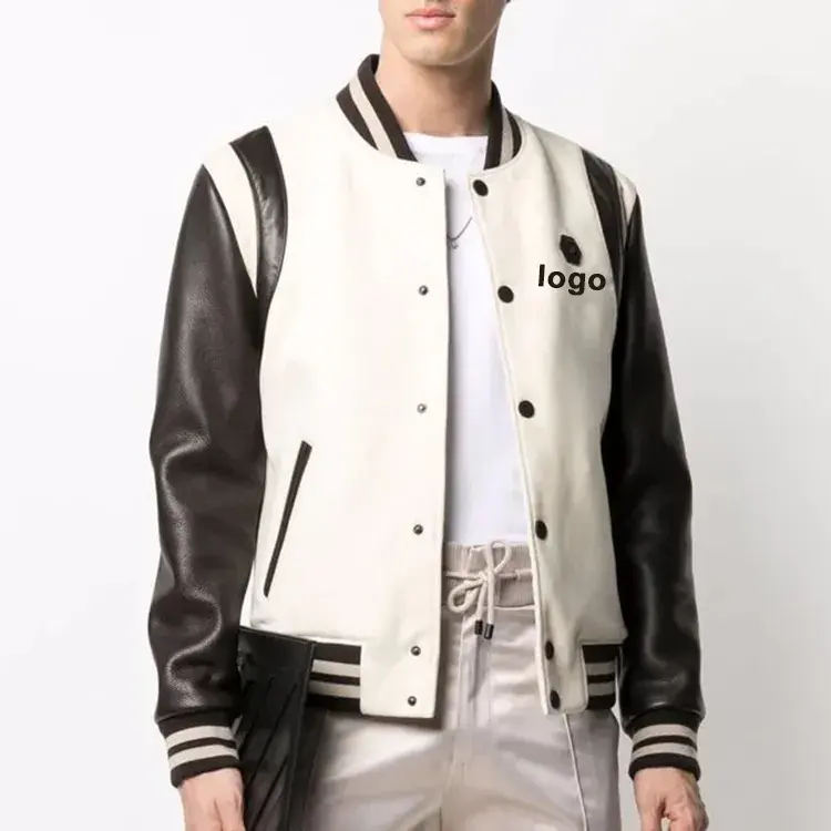 Chaqueta Bomber de béisbol de manga larga para hombre, con botones delanteros bloqueados, Logo personalizado de cuero, diseño universitario, venta al por mayor