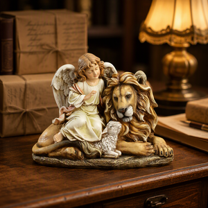 Statuetta <span class=keywords><strong>in</strong></span> Resina di Angelo Seduto con Leone e Agnello, 29 cm - Product Image 2