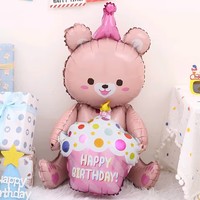 Ballon en Mylar 4D Ours Assis Tenant un Gâteau, Ballon en Aluminium Dessin Animé Ours, Décorations de Scène pour Fête d'Anniversaire d'Enfants, Fournitures en Gros
