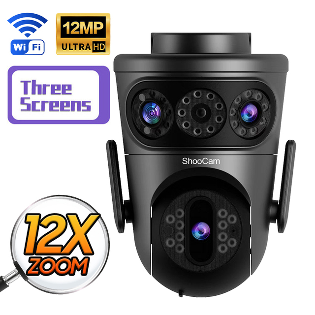 12X Zoom Three Lens Outdoor Camera Full Color Night Vision Waterproof Ip66 Two Way Audio Home Security Cctv Camera