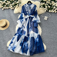 Robe longue décontractée élégante pour femme WIWT, coupe trapèze, imprimée, à manches longues, col montant, ceinturée, fluide, pour le quotidien et les vacances