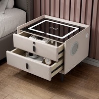 Mesa de Noche Moderna de Lujo con Diseño de Paneles de Madera y Estación de Carga, Mesita de Noche Inteligente para Dormitorio