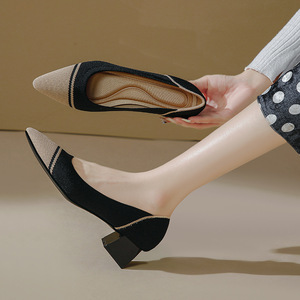 Fashion Trend Formal Summer High Heel <b>Pumps</b> Pointed Toe Breathable Knitted 4cm Thick Heels Hard-Wearing Leopard Print Slip-On - Product Image 1