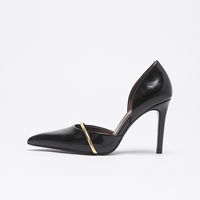 Escarpins noirs vernis à talon aiguille, vente en gros, directement de l'usine, pour femmes, à bout pointu avec bande dorée, personnalisables, chaussures de soirée