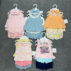 Ensemble de 5 pièces pour nouveau-né, haut à manches courtes et short à motifs assortis, tenue d'été avec accessoires assortis - Product Image 1