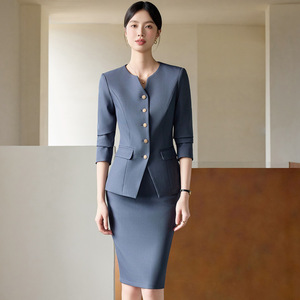 Women's Elegant Suit Set Long Sleeve Midi Skirt Polyester Worsted Anti-Wrinkle Professional Formal Blazer - Product Image 2