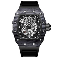 Montre-bracelet à quartz de luxe pour homme BINBOND 8577, design squelette en forme de tonneau, étanche, boîtier en acier et cuir, cadran rectangulaire en silicone