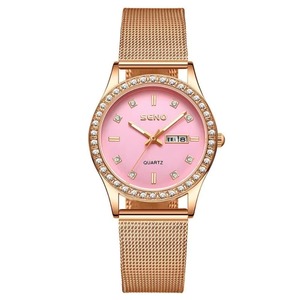 Montre pour femme à double calendrier en or rose, montre-bracelet à quartz lumineuse étanche en acier inoxydable sertie de diamants - Product Image 1