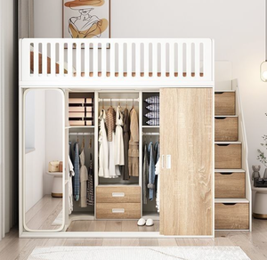 <span class=keywords><strong>Letto</strong></span> a Castello in Legno Grigio a Grandezza Naturale con Armadio e Cassetti, Design Moderno Ecologico, Comodo e Resistente per Appartamenti - Product Image 1