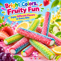 Bonbons gélifiés acidulés en forme de vers de dessin animé, saveur fruitée, fourrés à la poudre, à rayures arc-en-ciel, pour la vente en gros OEM