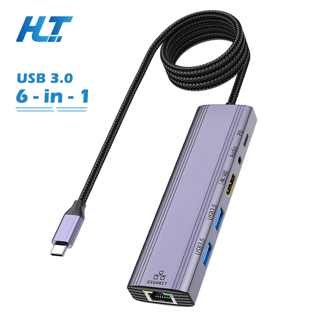 Type-C Hub 6-in-1 4K 60Hz for 2.1 2.1 Gigabit Ethernet USB 3.0 100W PD Aluminum Alloy for Laptop & Phone Stock