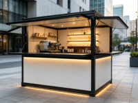 Maison conteneur pliable respirante de style mid-century moderne en acier galvanisé avec panneaux sandwich, café mobile, kiosque alimentaire pop-up
