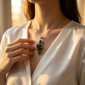 Pendentif en Moldavite et Saphir Bleu, Argent 925, Bijoux Modernes en Pierres Précieuses - Product Image 3