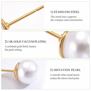 Boucles d'oreilles clous imitation perle en acier inoxydable plaqué or 14 carats sous vide, rondes 6 mm, bijoux classiques - Product Image 2