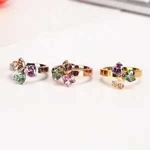 rvs ring steen vrouwen Suppliers-Licht Luxe Rainbow Diamond Rvs Multi Edelsteen Eenvoudige Hart Steen Rose Goud Vinger Ring Sieraden Vrouwen