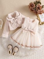 Nouvelle Tendance : Ensemble Robe et Jupe en Peluche à Nœud pour Bébé Fille, Hiver, Couleur Unie, Doux, 100% Polyester, Manches Longues