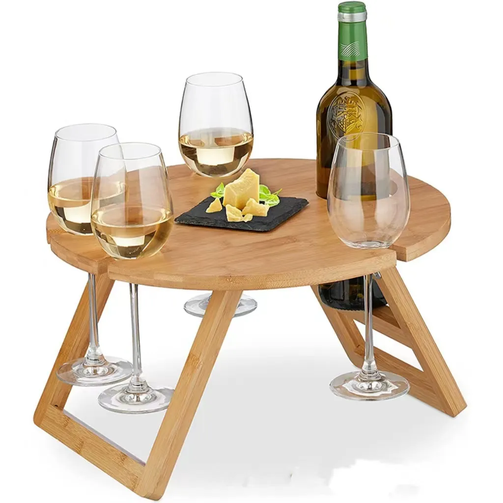 आउटडोर शिविर के लिए पैरों वर्ग लाल वाइन ग्लास ट्रे के साथ पोर्टेबल बांस लकड़ी की डाइनिंग टेबल टेबल