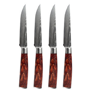 KITCHENCARE, venta al por mayor, patrón de Damasco, cuchillo de cocina Beaf, <span class=keywords><strong>4</strong></span> Uds., juego de cuchillos para carne con mango de resina roja - Product Image 1