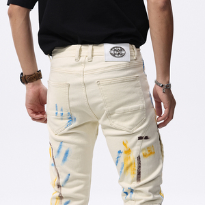 Pantalones Vaqueros Ajustados de Hombre Estilo Retro Americano con Graffiti de Motocicleta, Elásticos, con Parches, a la Moda, Juveniles, Hip Hop - Product Image 4