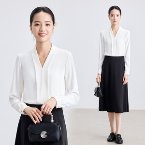 Light Blue V Neck Long Sleeve Shirt Women Solid Color Office Wear Polyester Blouse Simple Design Spring Autumn Commute Top - Product Image 4