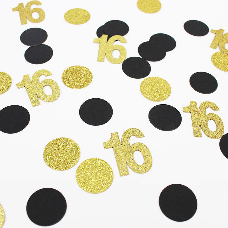 Черный и золотой с днем 16th день рождения конфетти со сверкающими золотистыми номер 16 стол Конфетти Для 16th на день рождения вечеринок