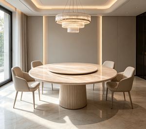 โต๊ะอาหารทรงกลมหินอ่อนสีเบจพร้อมถาดหมุนแบบ Lazy Susan เฟอร์นิเจอร์รับประทานอาหารสไตล์โมเดิร์นสำหรับบ้านและวิลล่า - Product Image 4