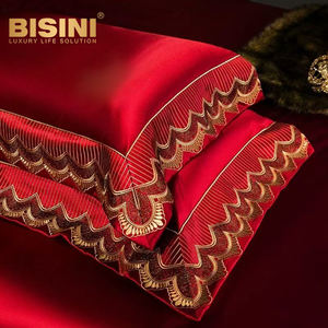 Parure de lit de luxe en coton brodé bordeaux avec housse de couette, tissu doré champagne haut de gamme, pour chambre à coucher, style villa en soie - Product Image 3