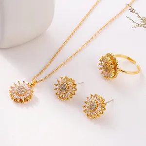 High quality jewelry stainless steel gold plated CZ sunflower pendant necklace earrings ring set for women