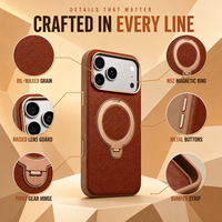 Étui en cuir pleine fleur huilé pour iPhone 18 Pro, 17 Pro Max, 18 Pro Max, avec chargement magnétique sans fil, béquille et protection d'objectif métallique