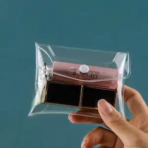 Bolsa de maquiagem transparente em PVC para viagem, bolsa de cosméticos lavável com botão de pressão