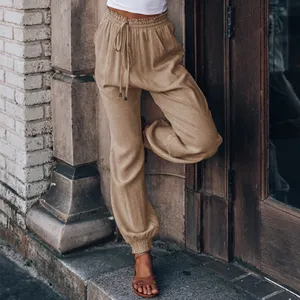 High quality Rayon Full length Drawstring Elastic Ruffles trousers leg with pockets Loose Soft Women Casual Track Harem Pants