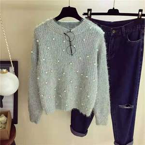 <span class=keywords><strong>Pull</strong></span> court en maille à col rond pour femme, orné de perles et de pompons, style décontracté et tendance, chaud pour l'automne et l'hiver - Product Image 2