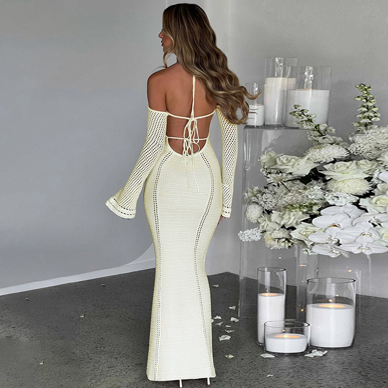 Ladies Bodycon Maxi Halter Backless Knit Sweater Dress